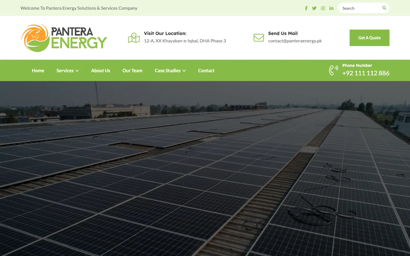 Pantera Energy website homepage with solar installation hero, services navigation and quote button