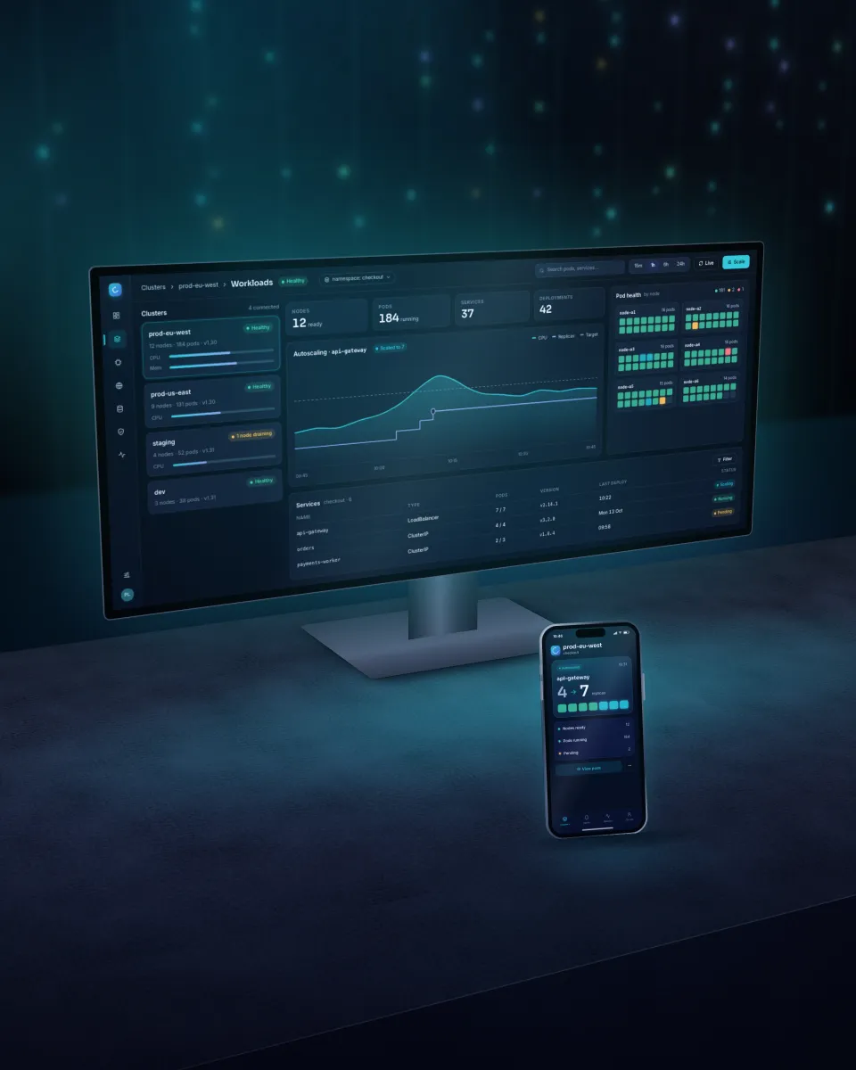 Illustration of a cloud workloads dashboard on a monitor with a phone beside it