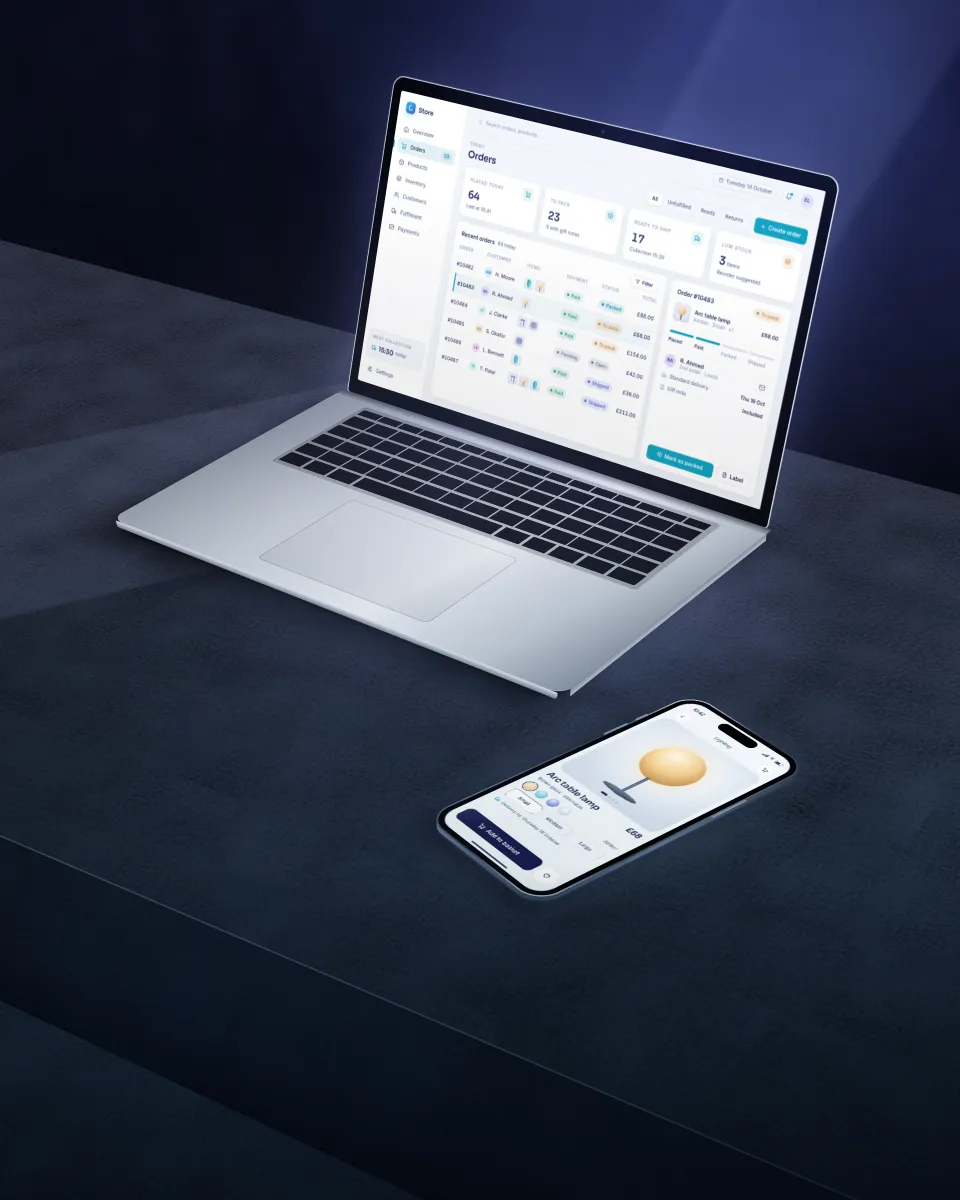Illustration of an online shop's orders dashboard on a laptop and a product page on a phone
