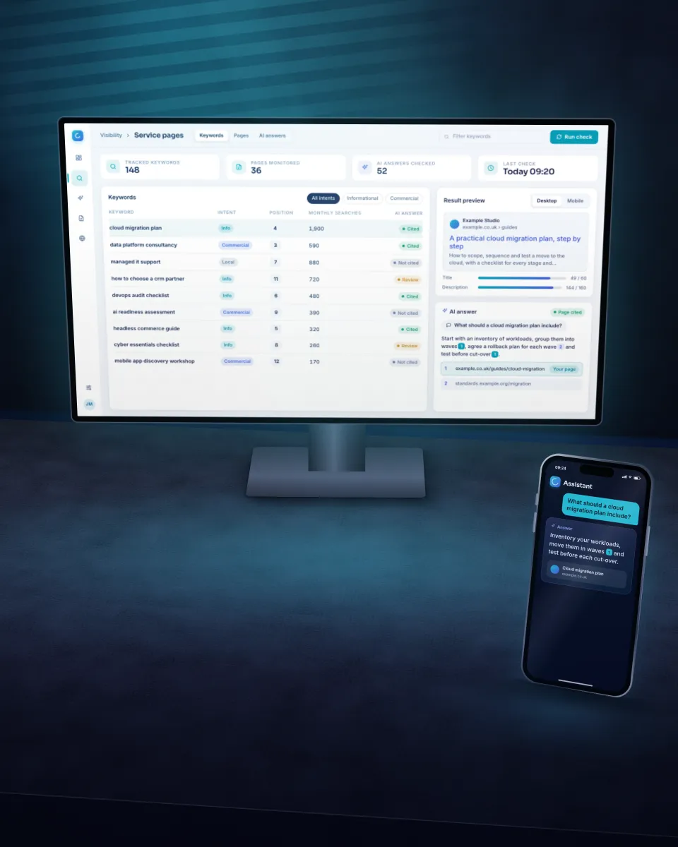 Illustration of a search performance dashboard on a laptop