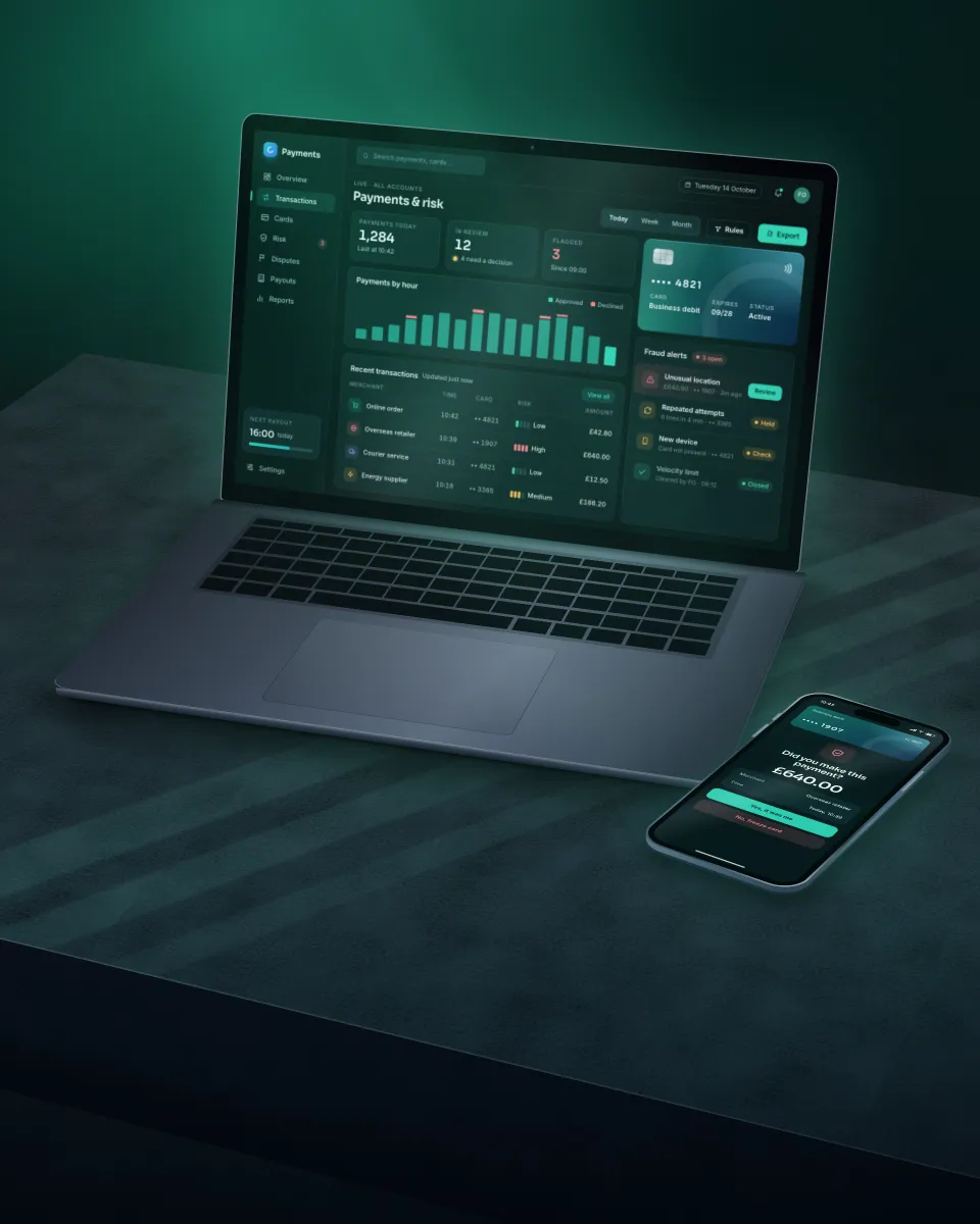Illustration of a payments and risk dashboard on a laptop with a phone beside it